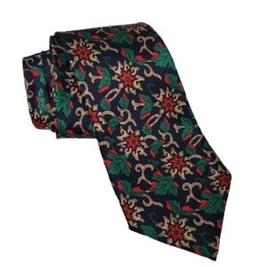 Milano Floral Patterned Tie in Green, Red, and Gold Holiday Festive Christmas